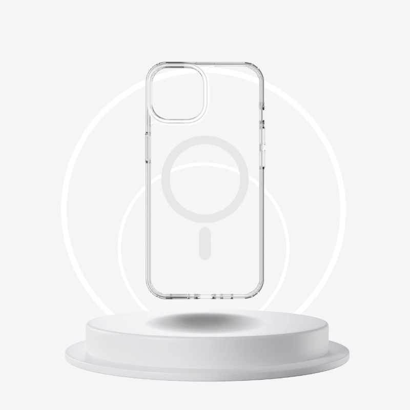 Coque Magnétique Iphone transparente sur support avec design épuré et aimanté pour tous les modèles d'iPhone.