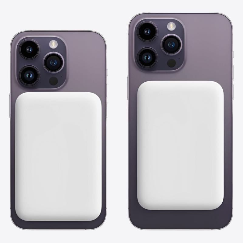 Batterie Externe Magnétique fixée sur iPhone 12 et 13, idéale pour recharger sans câble lors de déplacements.